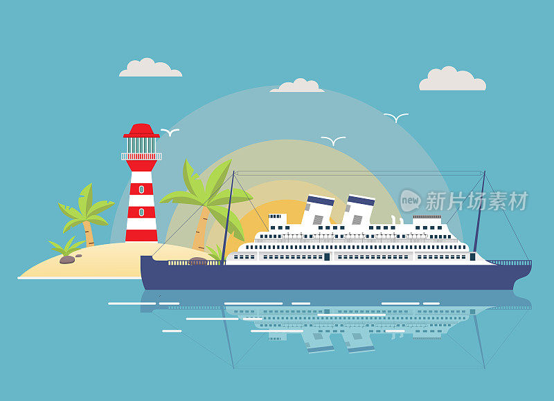 灯塔景观海洋热带游轮班轮的背景下的岛屿和棕榈树和一个灯塔的背景下海洋的太阳