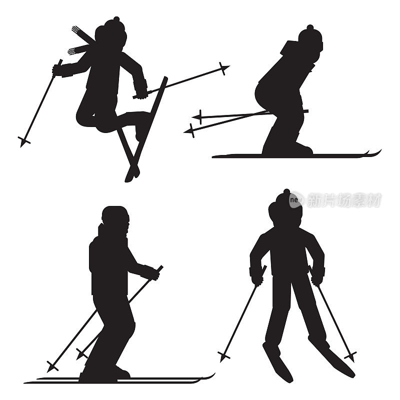 滑雪者剪影图标设置孤立。跳跃，自由式，下坡滑雪运动员