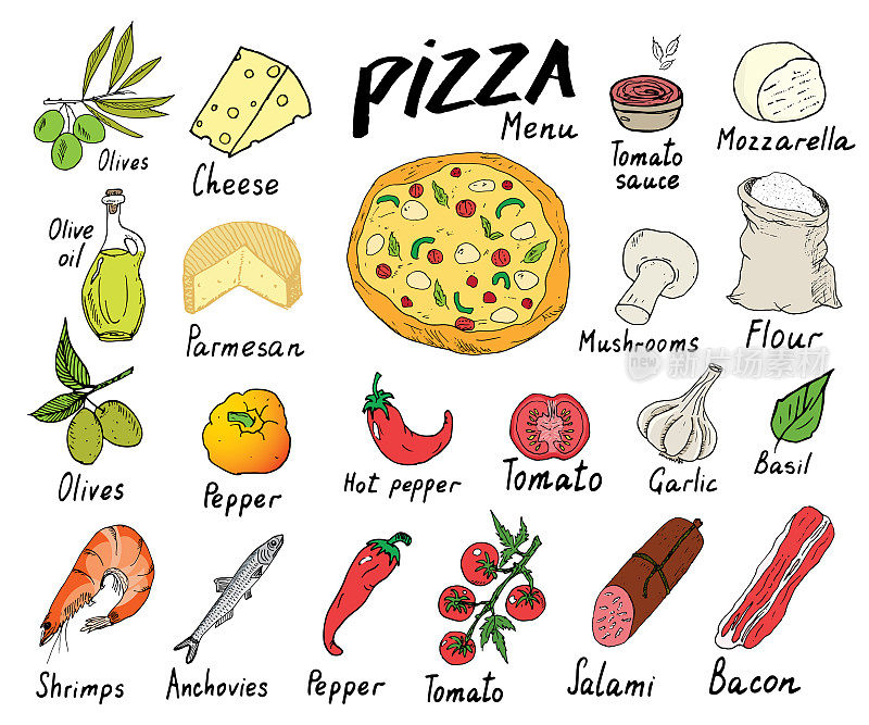 披萨菜单手绘素描集。披萨制作设计模板采用奶酪、橄榄、意大利腊肠、蘑菇、番茄、面粉等配料。矢量插图孤立在白色背景
