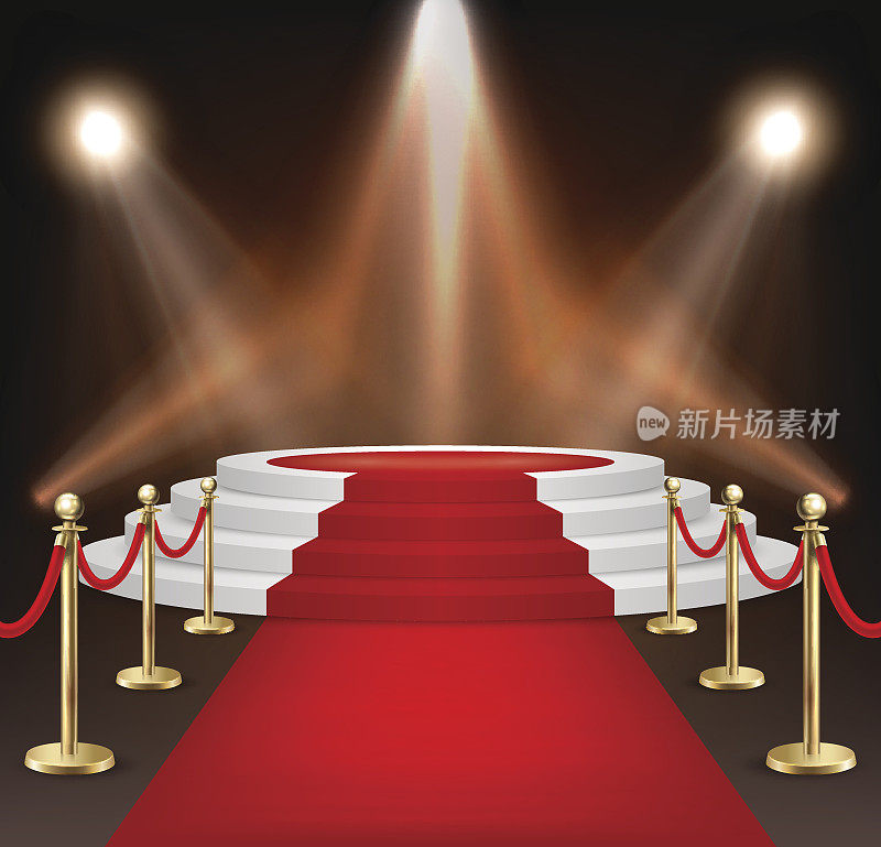 现实的矢量红色事件地毯，金色的障碍和白色的楼梯孤立在白色的背景。设计模板，在EPS10中的剪贴画