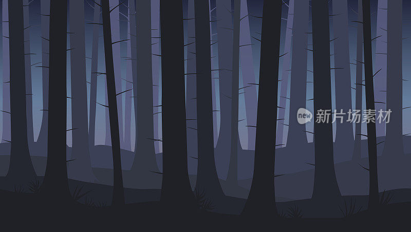 景观与蓝色树木的剪影在黑暗的夜晚森林-向量插图