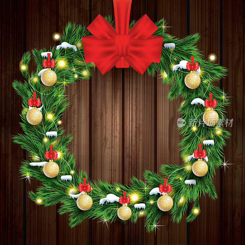 圣诞花环与绿色的冷杉枝，轻型花环和红色的弓在木制的背景。