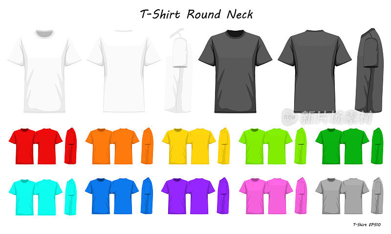 t恤圆领颜色系列为您的设计，模型广告，空白印刷，矢量插图，白黑灰红橙黄绿蓝紫粉颜色