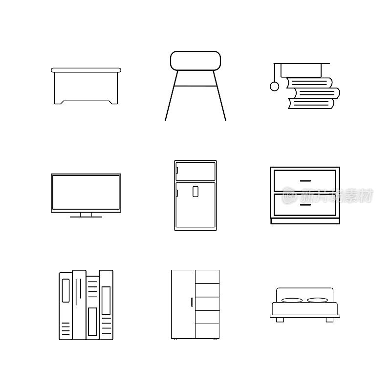 家具线性图标集。简单的轮廓图标