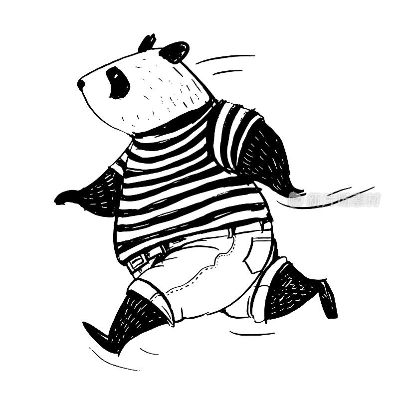 黑白简单矢量插图。穿着t恤和牛仔裤的逃跑熊猫