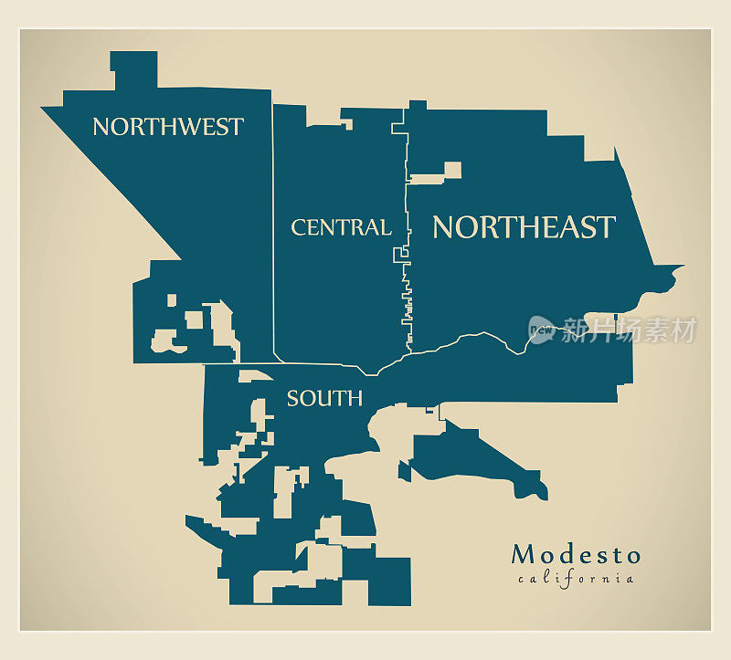 现代城市地图-美国加利福尼亚州莫德斯托市的邻里和名称