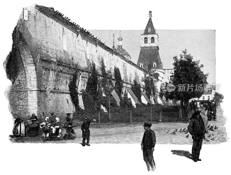 人们沿着克里姆林宫墙在莫斯科，俄罗斯-俄罗斯帝国19世纪