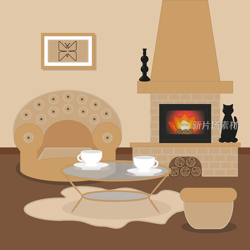 客厅室内设计有壁炉、茶几、画有蝴蝶和地毯。平的风格。矢量插图。