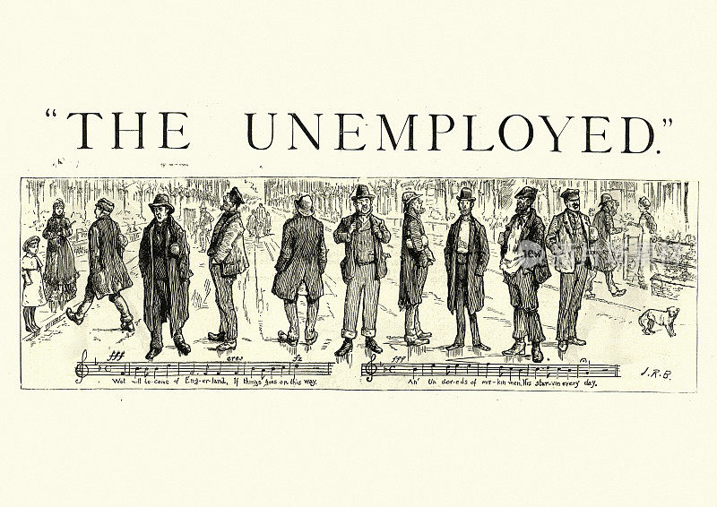 19世纪80年代,维多利亚时代的英国,失业男子在街头唱歌