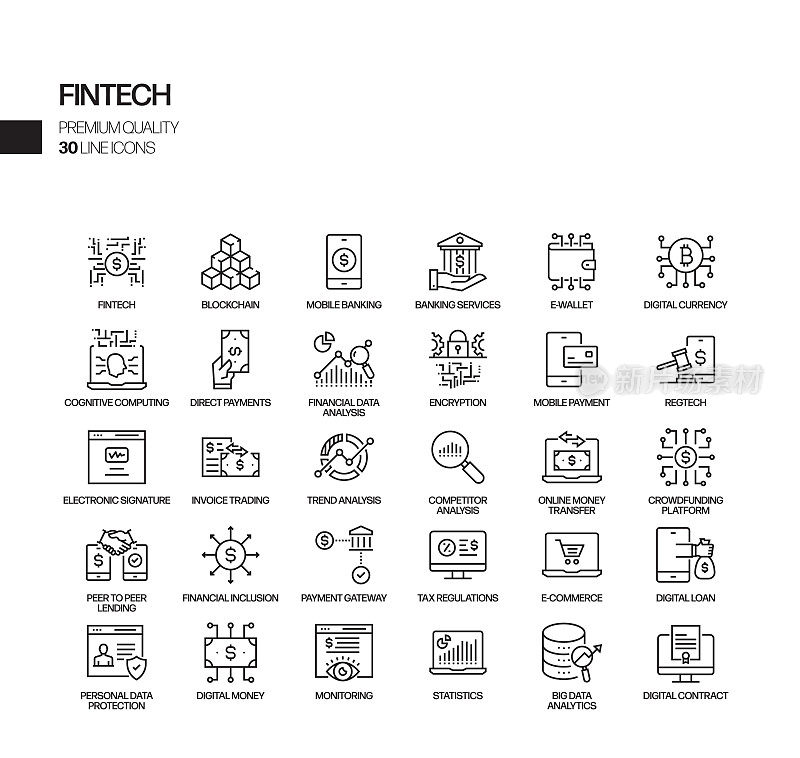 与金融科技相关的矢量线图标的简单集合。大纲符号集合