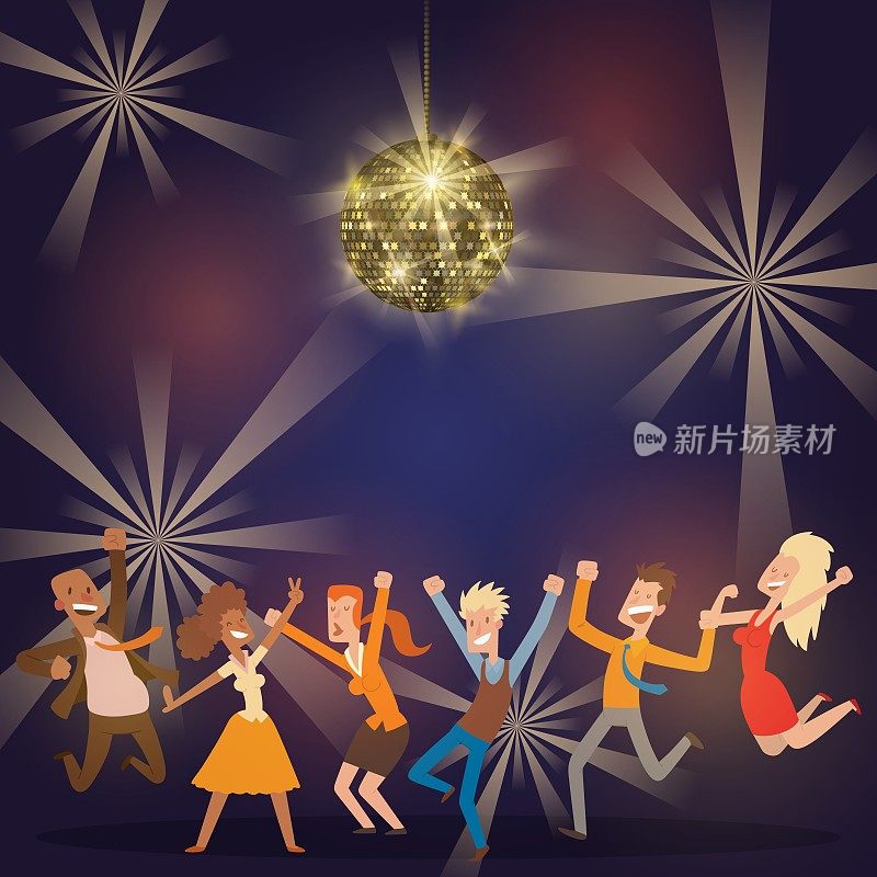 迪斯科舞厅在酒吧横幅，海报矢量插图。人们在聚会上跳舞。女人和男人在玩乐，表演。闪亮的迪斯科球。夜店的快音乐。晚间娱乐活动。