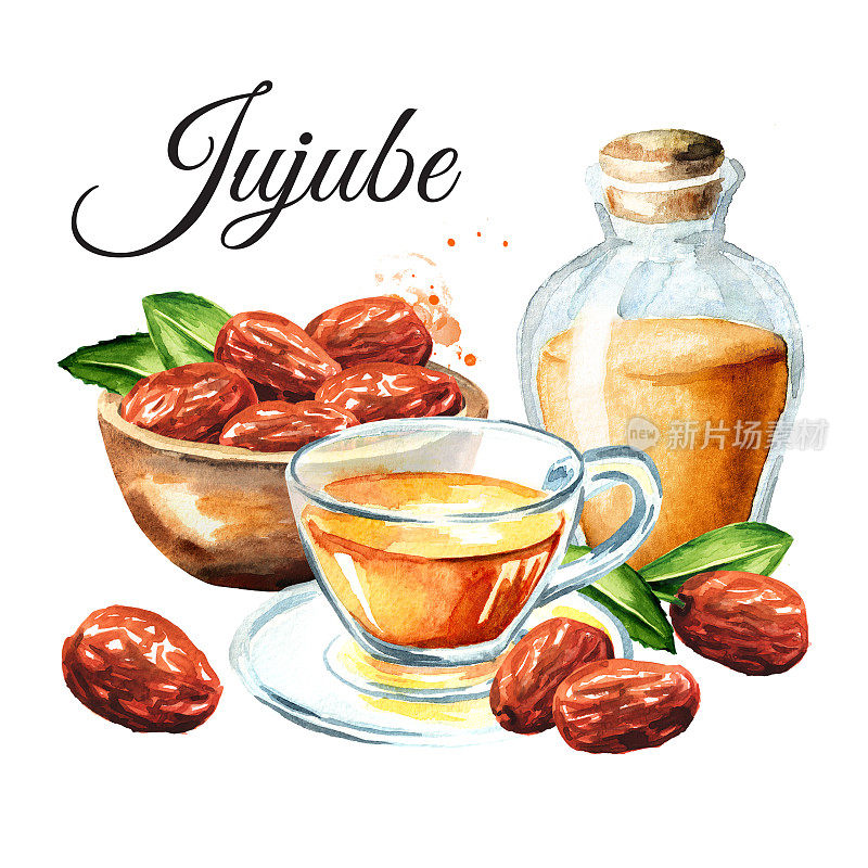 碗，干乌纳比水果，酸枣，瓶，酊剂和一杯凉茶。手绘水彩插图孤立的白色背景