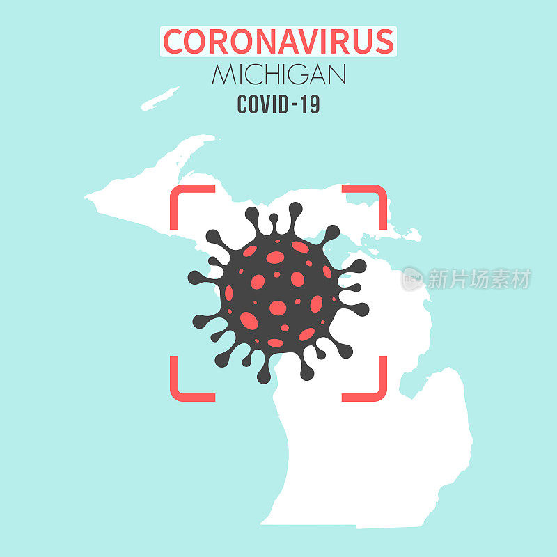 密歇根州地图，红色取景器中有冠状病毒细胞(COVID-19)