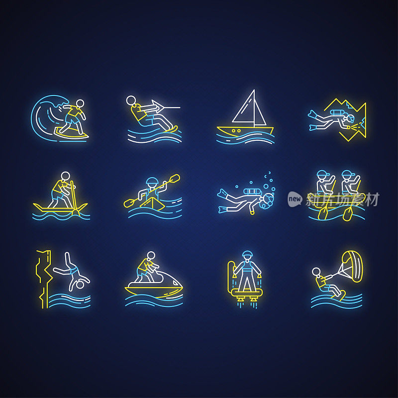 水上运动霓虹灯图标集。洞穴潜水、风筝滑板、飞行滑板和水上摩托。悬崖跳跃和划桨冲浪。极限运动。发光的迹象。向量孤立的插图