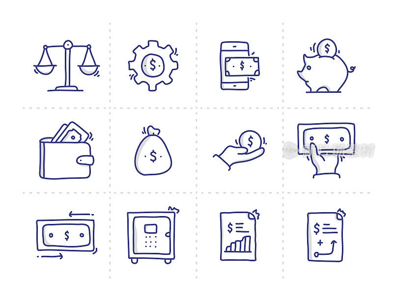 银行和金钱相关的涂鸦矢量线图标的简单设置