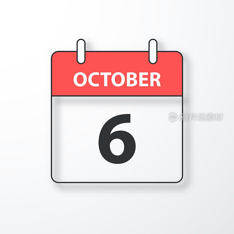 10月6日-每日日历-黑色轮廓与阴影在白色的背景