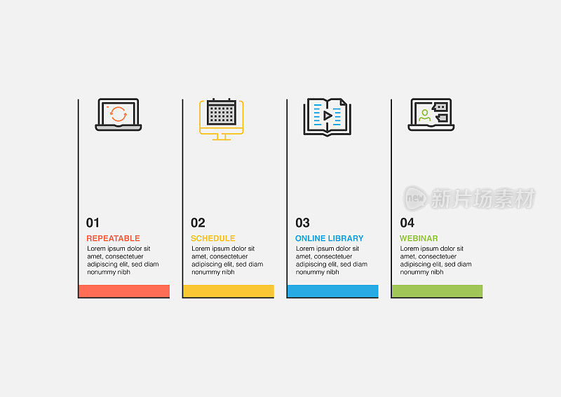 信息图表设计模板。可重复的，时间表，在线图书馆，4个选项或步骤的网络研讨会图标。