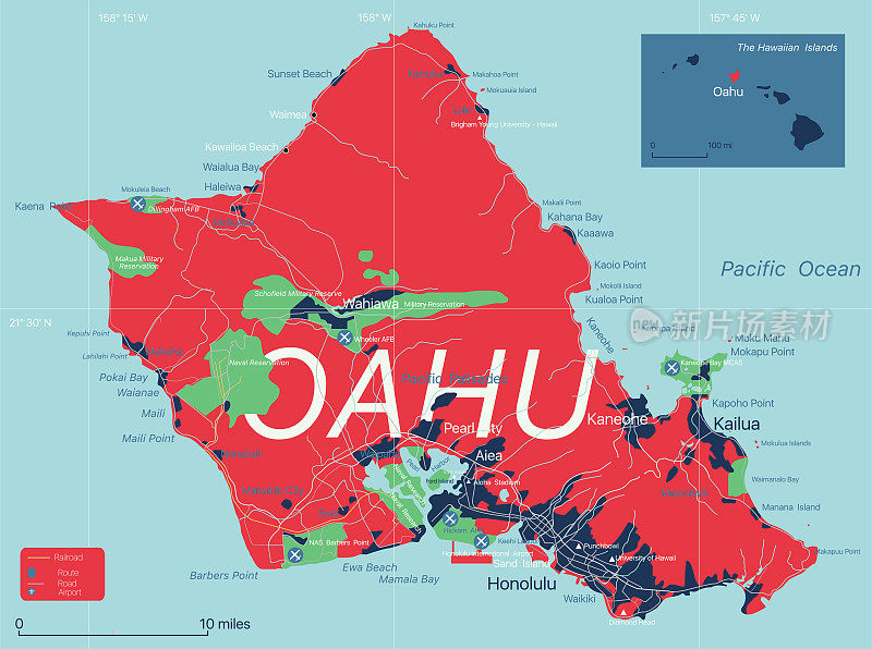 瓦胡岛详细可编辑地图