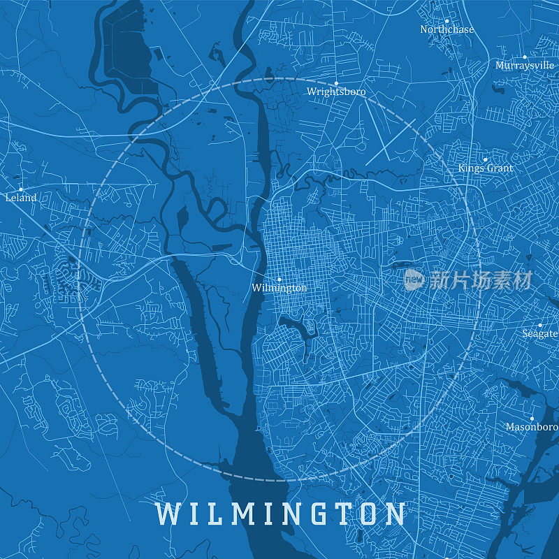 威明顿NC城市矢量道路地图蓝色文本