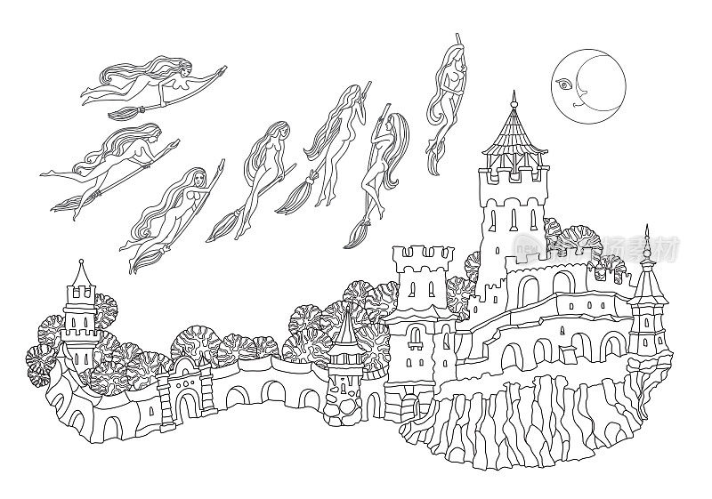 矢量勾勒出奇幻的风景，童话小镇上中世纪的城堡，女巫乘着扫帚飞向安息日。黑白T恤印花，成人彩绘页