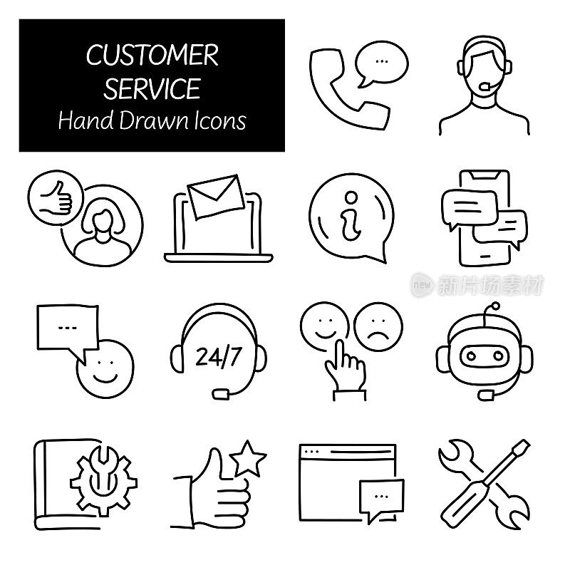 客户服务相关手绘图标，涂鸦元素矢量插图