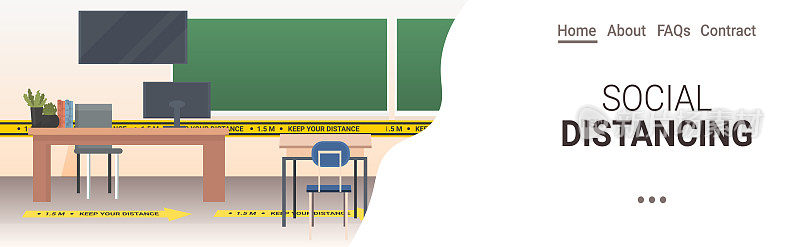 学校教室张贴社交距离标志，黄色贴纸，说明防疫措施