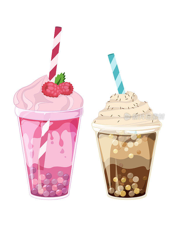 泡泡茶杯设计。珍珠奶茶、冰咖啡、水果冰沙等甜饮料。