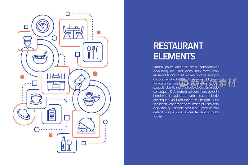 餐厅概念，餐厅和图标的矢量插图