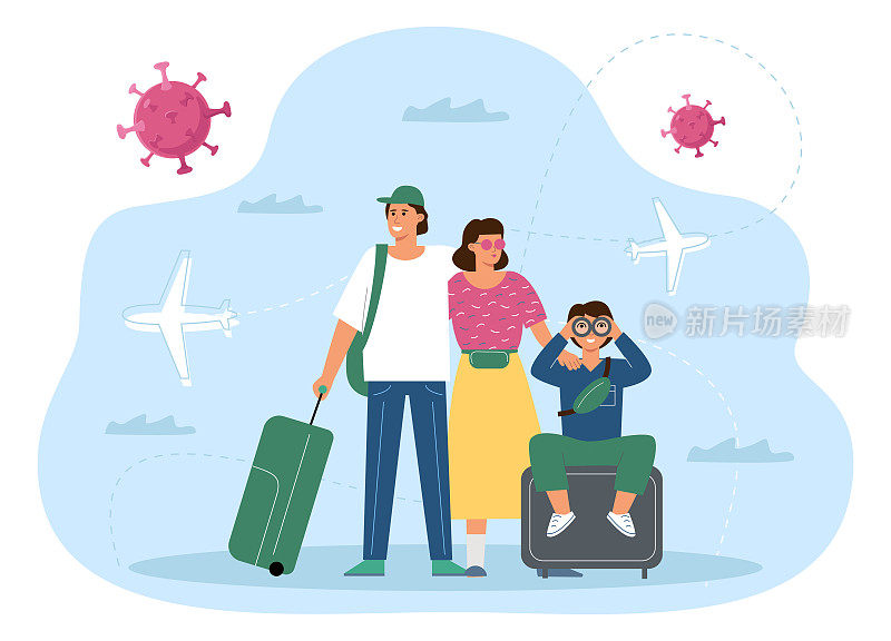 防疫接种后免费旅行的概念。一个家庭接种了冠状病毒疫苗，拿着行李箱站在机场。