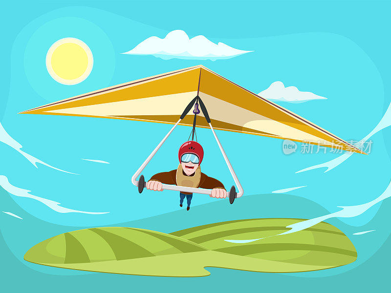 卡通人在悬挂的滑翔机海报上飞行。微笑的人在悬挂滑翔机飞行。参加滑翔比赛的运动员。