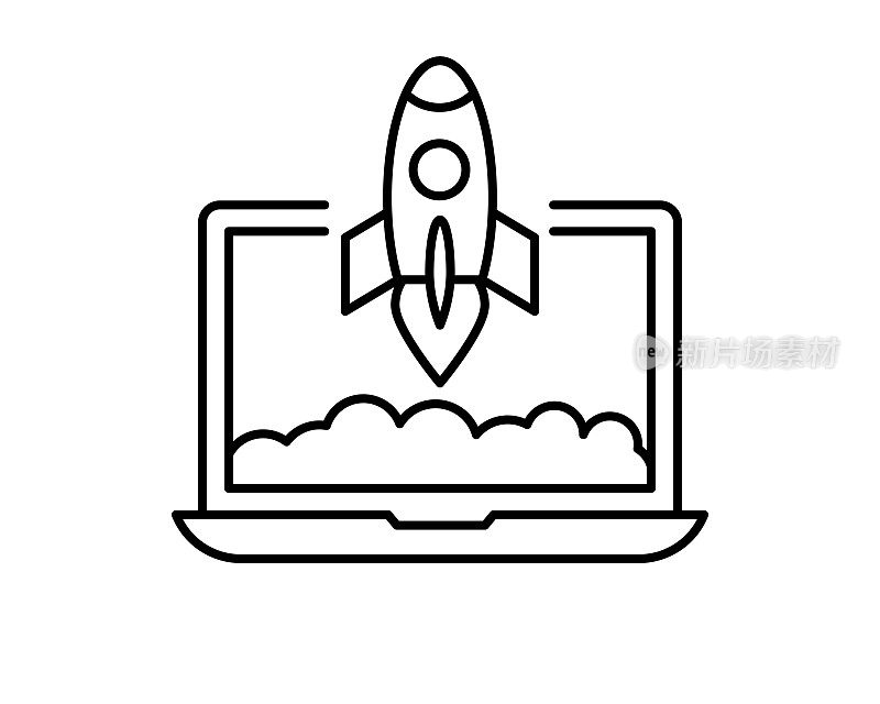 概念火箭发射从笔记本电脑图标。太空火箭从笔记本飞向太空。概念性创业标志。细线图标在白色的背景。矢量插图。