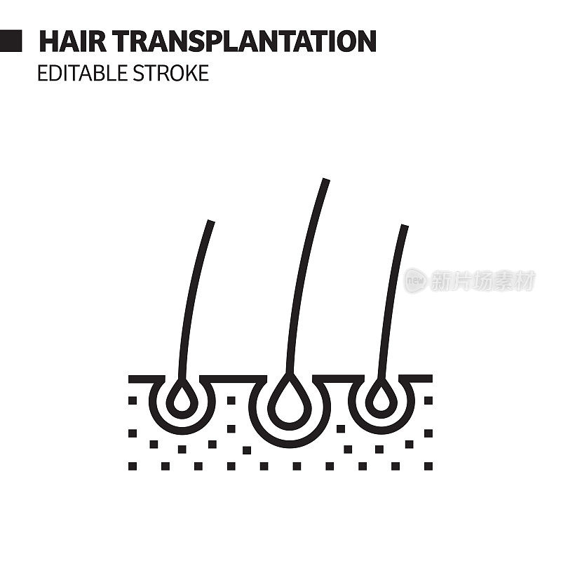 头发移植线图标，轮廓矢量符号插图。