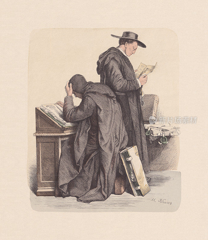 宗教习惯，本笃会修士，手工着色木刻，约1880年出版