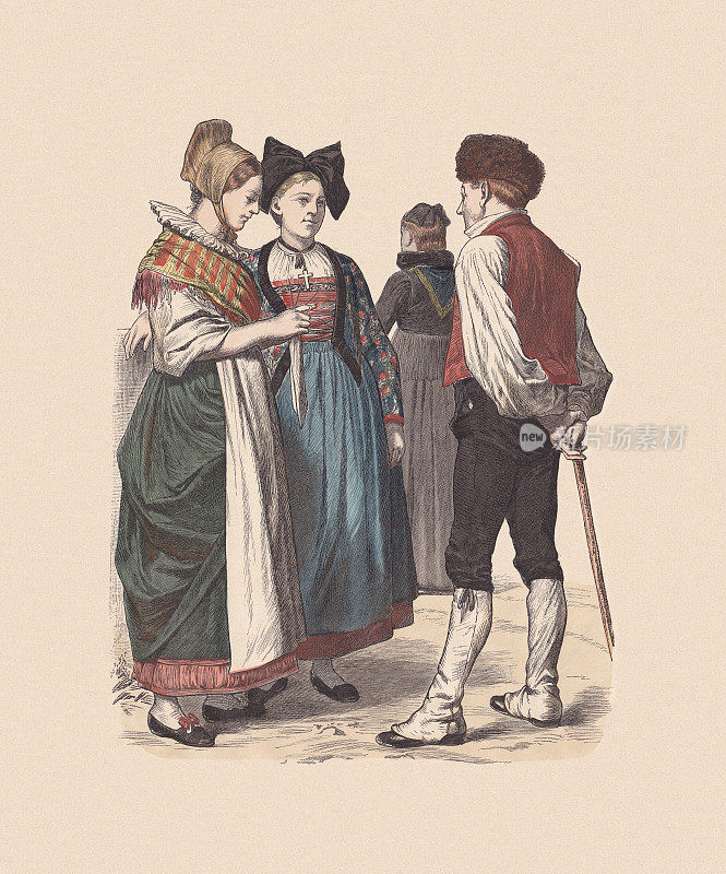 19世纪，德国服饰，阿尔萨斯，手工着色木刻，大约1880年出版