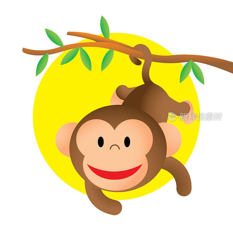 卡通可爱的微笑猴子挂在树枝和摆动尾巴
