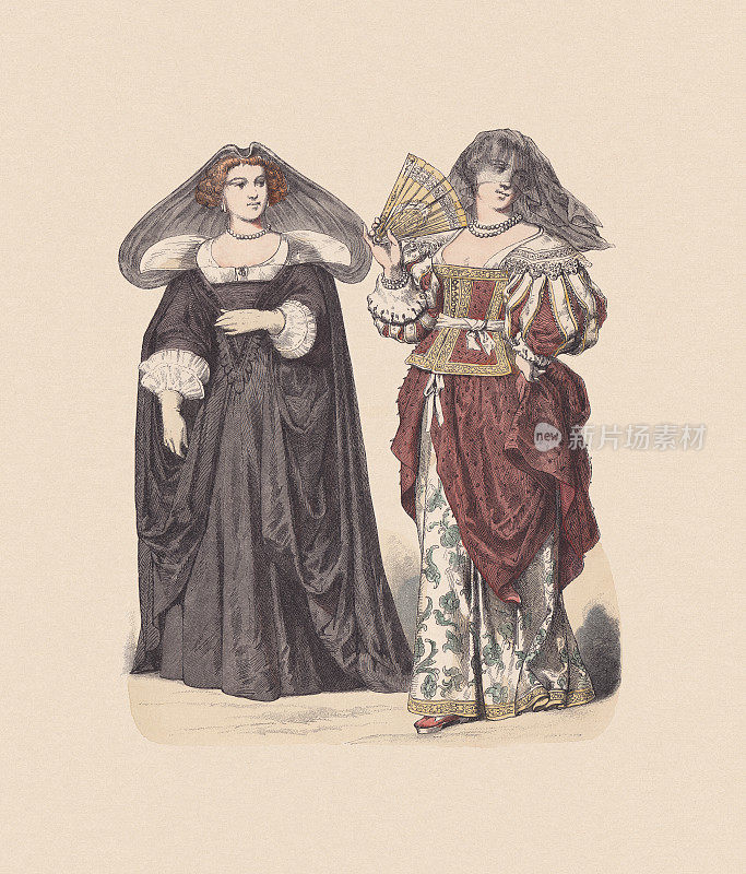 17世纪，法国服饰，贵族，手工上色木刻，出版于1880年
