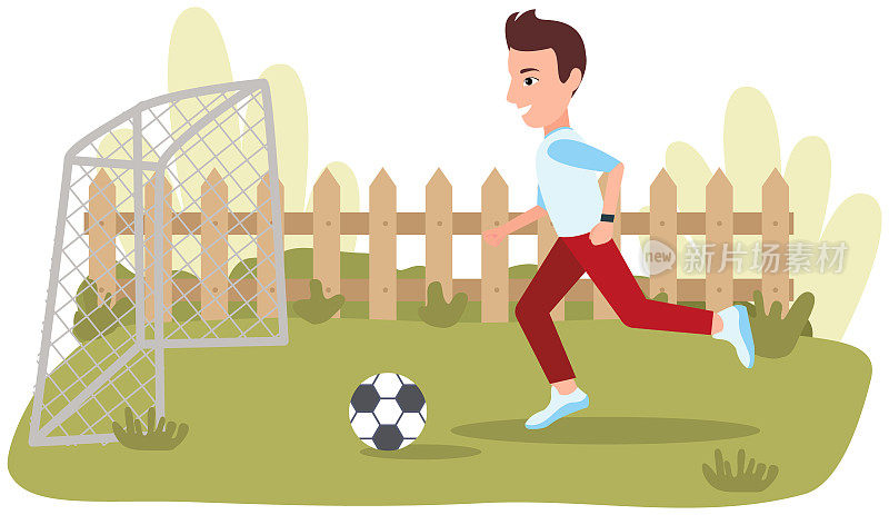 足球运动员从事体育运动，户外活动。他踢足球，踢球，射门得分