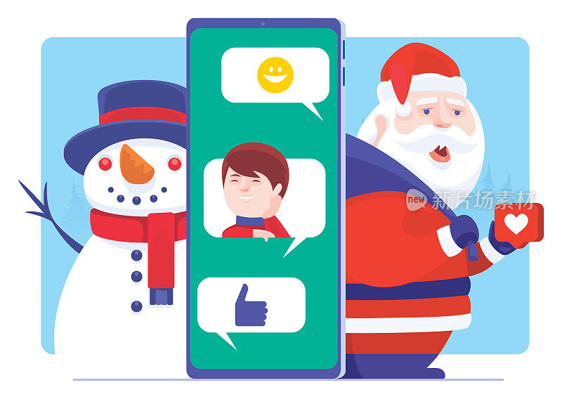 孩子们用智能手机见到圣诞老人和雪人