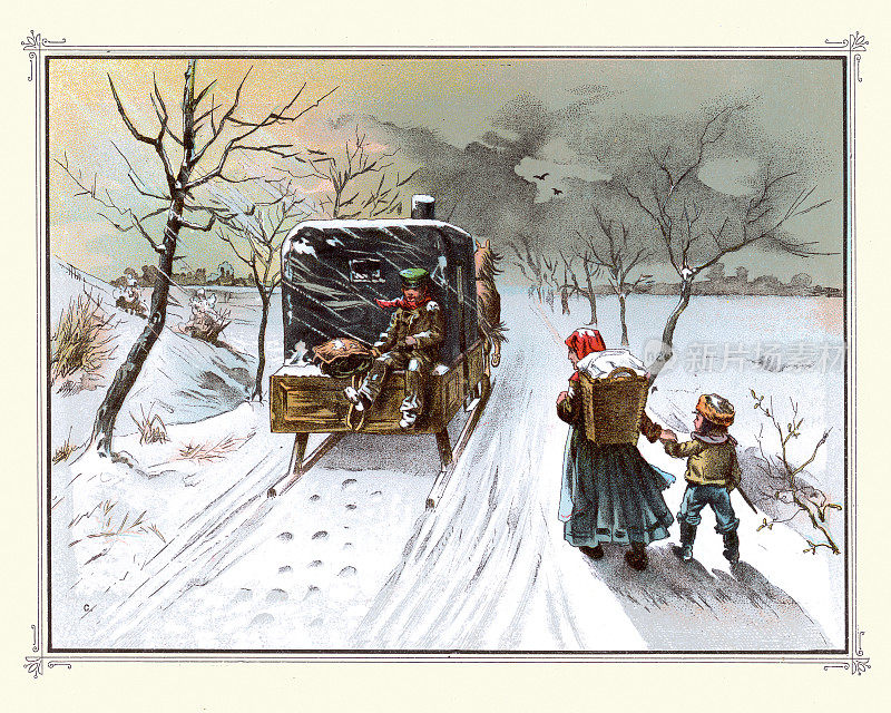 冬天在雪地里跋涉，雪橇和步行，维多利亚复古插图，19世纪90年代，德国