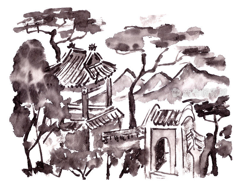山中的佛教寺院，中国风格的水墨绘画