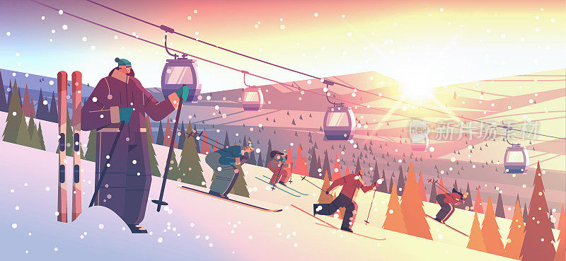 人们滑雪，男人，女人，游客做活动，冬季假期概念日落，降雪景观背景