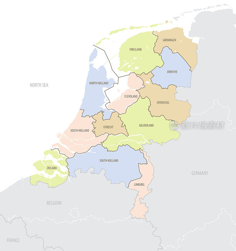 荷兰在欧洲的详细位置地图，该国的行政区划，矢量插图