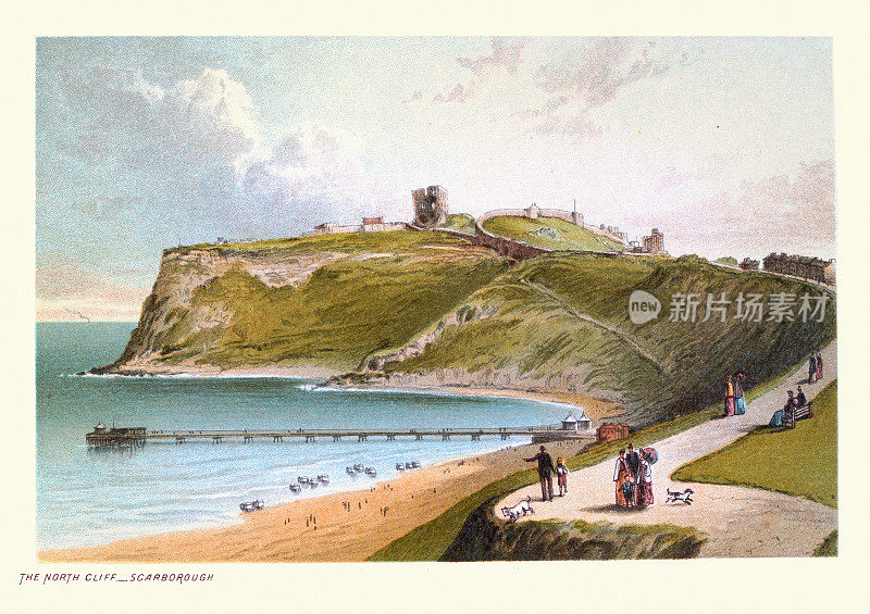 经典插图北悬崖，城堡废墟，海滩，码头，斯卡伯勒，北约克郡，维多利亚19世纪