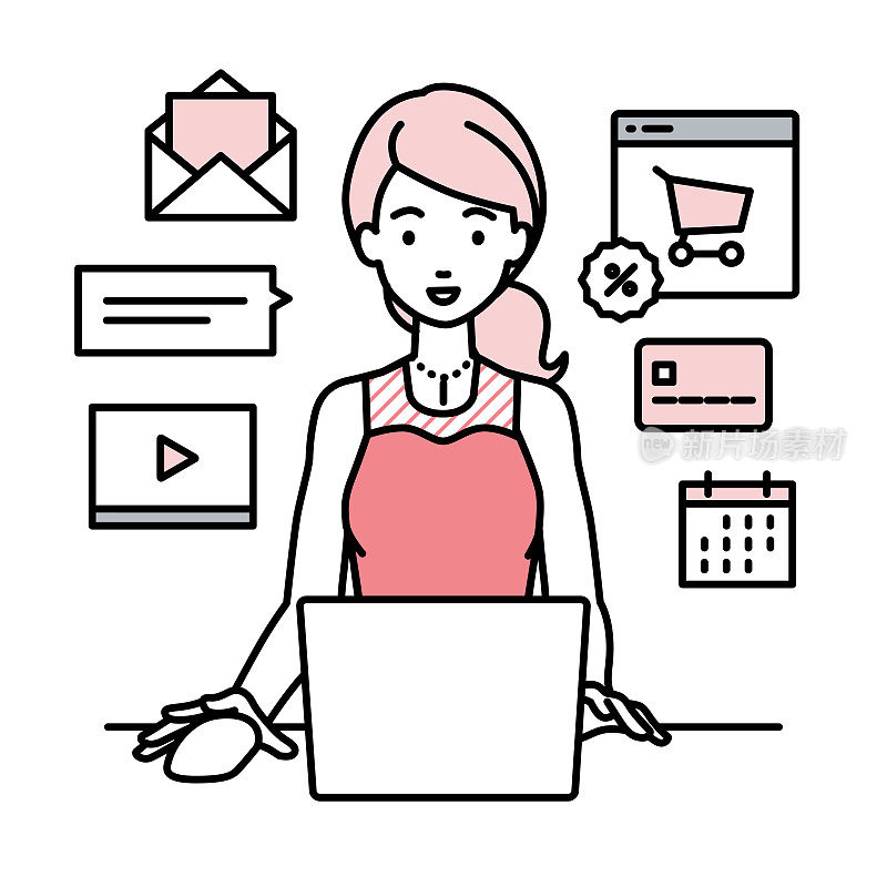 一个穿着裙子的女人在她的办公桌上用笔记本电脑浏览网站、数字营销、支付、管理在线商店和支持客户