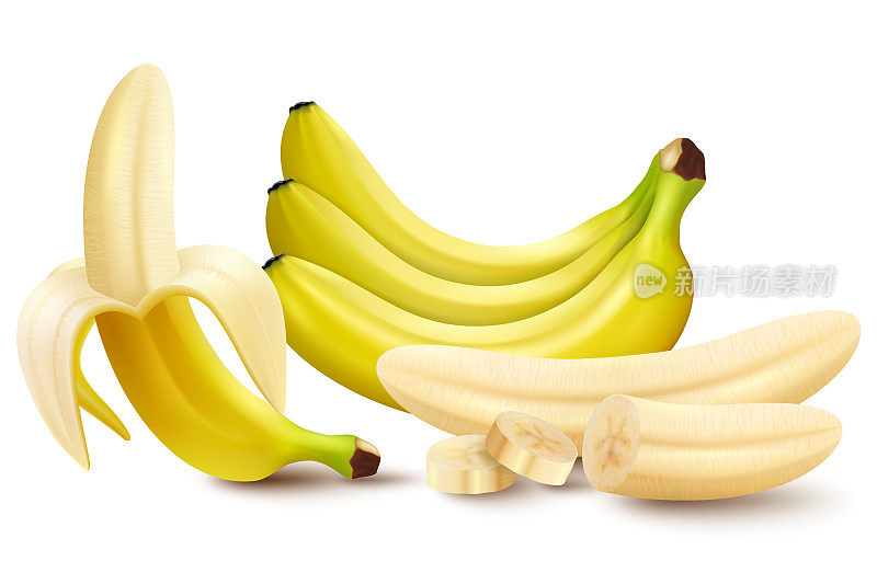 一组三维矢量逼真的插图香蕉。香蕉，半剥香蕉，一串香蕉，香蕉片和香蕉片孤立在白色背景，香蕉图标