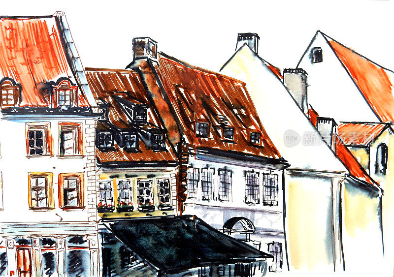 拉脱维亚里加古城，水彩画，旅行速写