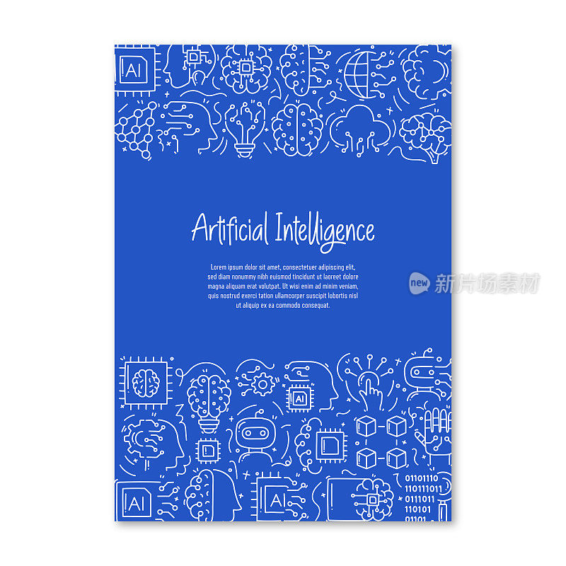 人工智能相关对象和元素。手绘矢量涂鸦插图集合。海报,封面模板与不同的人工智能对象