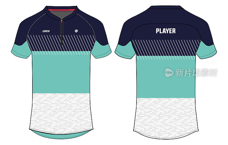 运动马球领t恤运动衫设计平面素描插图，抽象印刷板球运动衫概念与正面和背面为足球，足球，网球和羽毛球制服