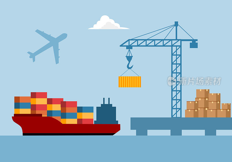 出口货物和服务税进口国际贸易概念矢量插图。货物物流装载集装箱船与工作起重机在平面设计。