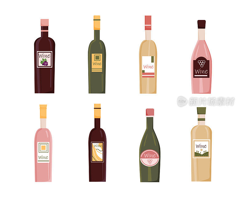 一套酒瓶孤立在白色背景上。红、白、玫瑰葡萄酒。酒精饮料。装酒精饮料的瓶子。葡萄饮料。矢量插图。